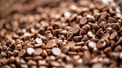 Close-up of melting chocolate chips, forming a luscious and glossy texture with a soft blur effect.