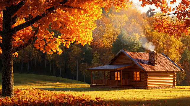 Log Cabin in Autumn Forest with Colorful Trees
