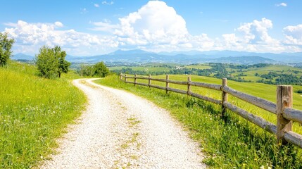 Winding gravel road through idyllic rural landscape, sunny day, rolling hills background; perfect for travel brochures