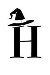 Letter H with Witch Hat Silhouette, Black silhouette of the letter H wearing a witch's hat, symbolizing Halloween, magic, and spooky themes on a white background.  
  
