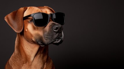 Obraz premium Stylish dog wearing sunglasses poses confidently against a dark background, exuding charm and personality