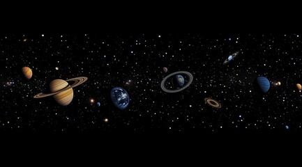 Panoramic view of solar system planets, stars, and galaxies in space.