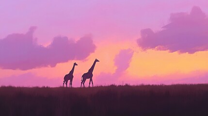 Fototapeta premium Two Giraffes Walking Across a Field at Sunset with a Pink and Orange Sky Landscape