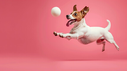 A happy and energetic Jack Russell Terrier mid-leap, chasing a ball against a bold pink background