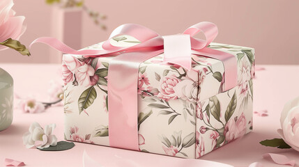 Elegant Floral Gift Box with a Soft Pink Ribbon Surrounded by Spring Flowers