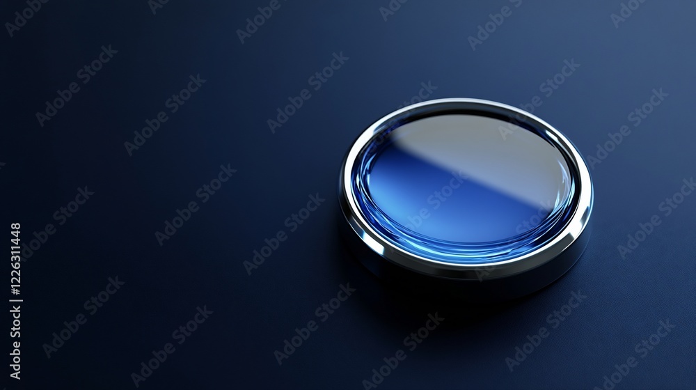 Poster a close-up of a shiny blue button on a dark surface with reflective effects and minimalist design
