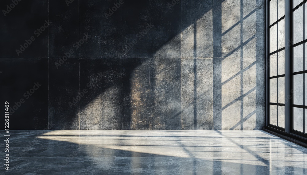 Poster sunlight streams through a large window into a dark, modern room with a concrete floor and tiled wal
