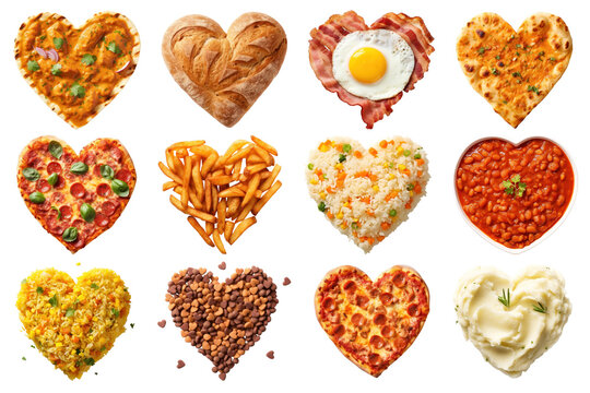 Heart shape savory food, PNG set on transparent background