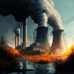 Large industrial plant with smoke billowing out of it. Generative AI