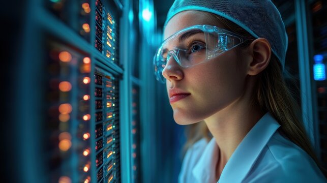 A female data scientist working late at night in a server room, deeply engrossed in her work. The image exudes a sense of focus and dedication.