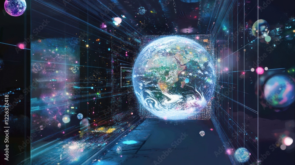 Poster digital earth amidst a cosmic data stream with planets and digital structure
