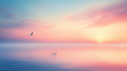 bird flying over calm still water serene sunset background blue yellow pink orange gradient sky landscape wallpaper