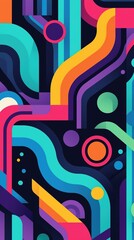 A vibrant abstract design featuring colorful lines and shapes interwoven against a dark background, creating a dynamic visual experience.