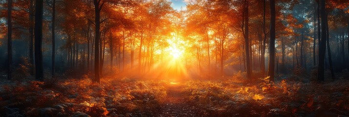 Fototapeta premium Radiant Autumn Sunrise in Vibrant Forest with Sun Rays and Golden Leaves