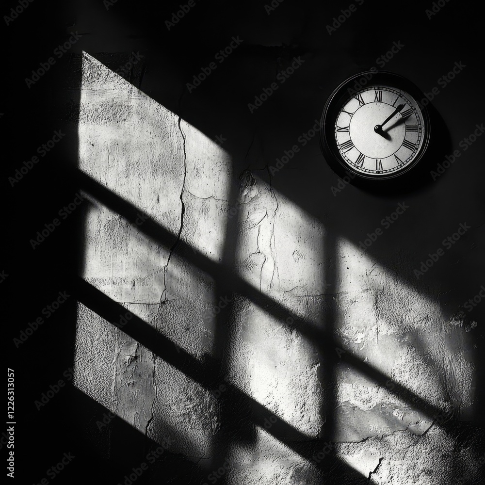 Poster monochrome photo of an analog clock on a wall with window light creating shadows.