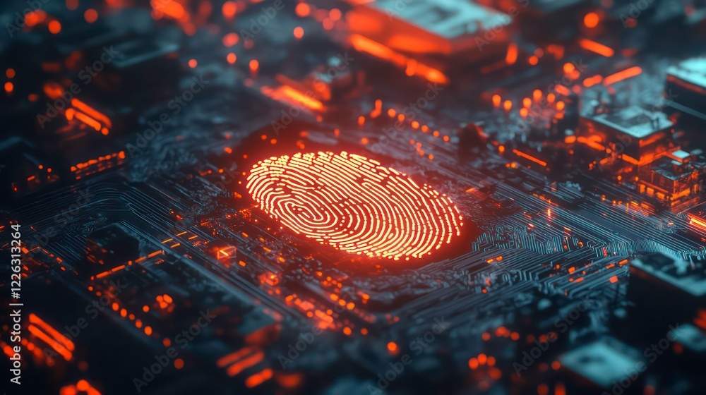 Poster digital fingerprint overlaying a futuristic circuit board, symbolizing advanced security technology.