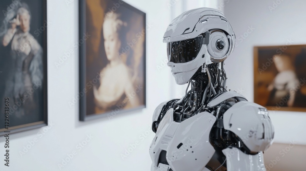 Poster robotic assistant showcases curated art in a modern gallery setting
