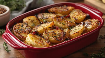 Roasted potatoes with herbs in a red baking dish.