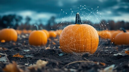 Digital interface overlaying a pumpkin patch, yield data graphically highlighted