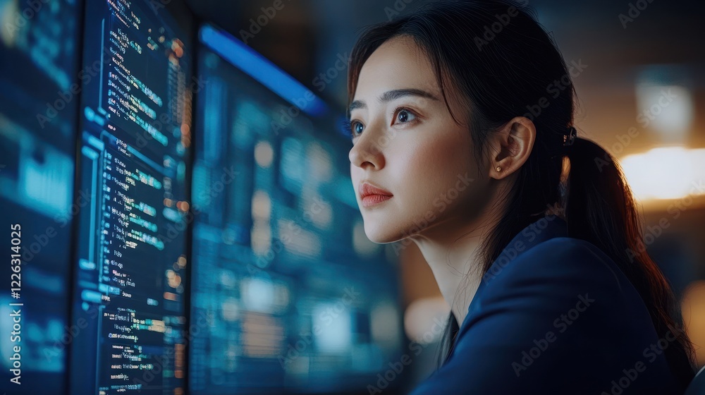 Poster focused female programmer reviewing code on large monitors.