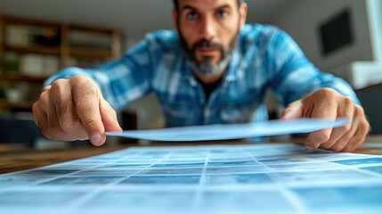Focused Man Reviewing Photo Prints, Close-up of Hands Examining Detailed Images, Intense Concentration on a Project, Professional Photographer's Work