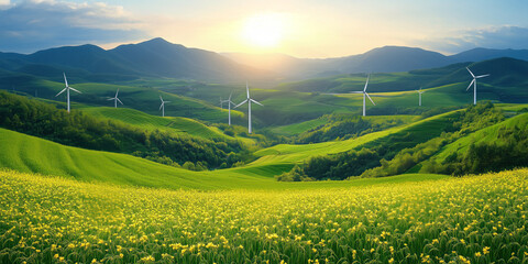 Fototapeta premium Wind turbines generating electricity in a beautiful natural setting, embodying the harmonious coexistence of nature and technology for sustainable energy production