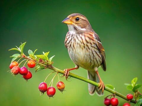 Corn Bunting on Rosehip Branch - Stunning Birdwatching Aerial Photo