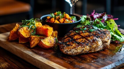 Grilled chicken steak with sweet potatoes and salad on wooden board