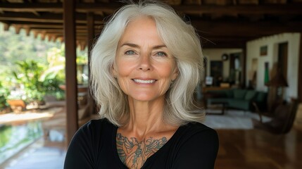 Portrait of a Smiling Mature Woman with Silver Hair and a Chest Tattoo