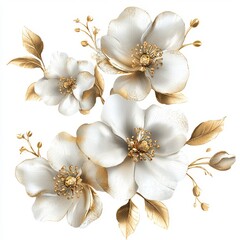 Elegant White and Gold Floral Arrangement with Delicate Leaves and Petals for Interior Decor and Design Projects