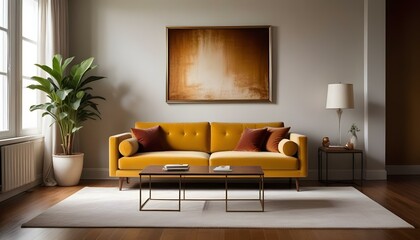 Back of the comfort orange sofa at modern apartment with copy space picture frame for art or painting on wall Living room interior elegant home design with furniture Simple style of el : Generative AI