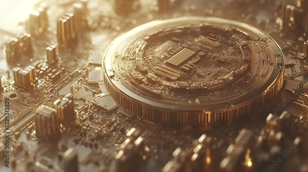 Poster golden cpu circuit board close-up. tech background