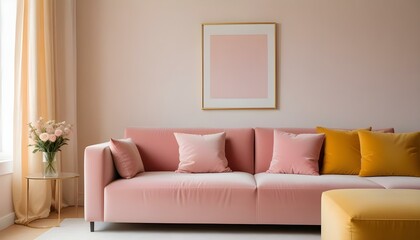 Beautiful retro living room with warm caramel autumn colors, offering interior design ideas and home decoration inspiration. Bright image.
