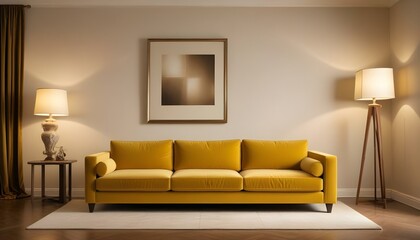Beautiful retro living room with warm caramel autumn colors, offering interior design ideas and home decoration inspiration. Bright image.
