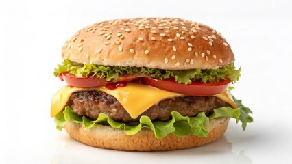 A Delicious Cheeseburger with Sesame Seed Bun, Lettuce, Tomato, and Melted Cheese