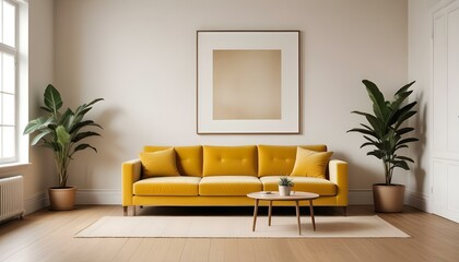 Back of the comfort orange sofa at modern apartment with copy space picture frame for art or painting on wall Living room interior elegant home design with furniture Simple style of el : Generative AI