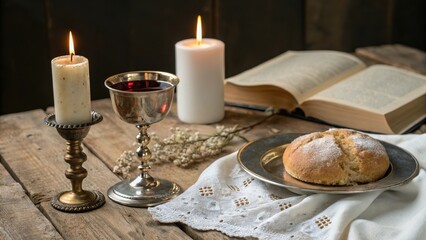 A still life of religious communion elements bread, wine, candles, and a holy book, arranged on a rustic wooden table