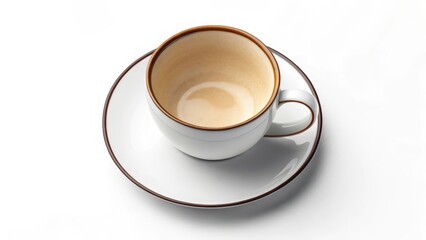 An empty coffee cup with a brown rim rests on a matching saucer, a minimalist still life composition