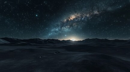 Alien planet landscape at night with Milky Way galaxy.