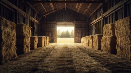 Hay bales stacked inside rustic barn, sunlight streams through open doors. Perfect for agriculture, farming, and rural lifestyle themes.
