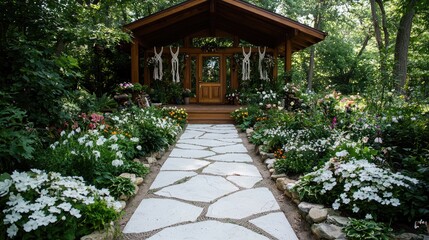 Fototapeta premium Garden path leading to wooden cabin