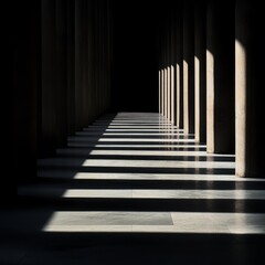 Fototapeta premium Sunlit colonnade hallway with long shadows.