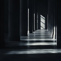 Fototapeta premium Sunlit colonnade interior with shadows on floor.