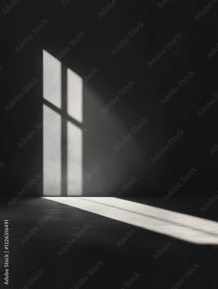 Poster sunlight streams through a window in a dark room, casting shadows on the floor and walls.