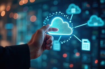 A businessman holds a glowing cloud icon in a futuristic digital environment, symbolizing the cloud computing and data storage concept. The blue-toned lighting enhances the high-tech and innovation th