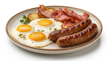 A hearty breakfast plate featuring fried eggs, crispy bacon, and grilled sausages served with toasted bread
