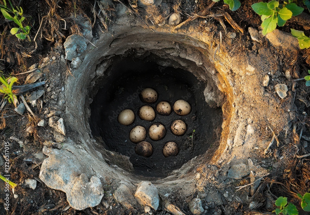 Poster a close-up view of a natural nest containing multiple eggs surrounded by earth and greenery in a wil