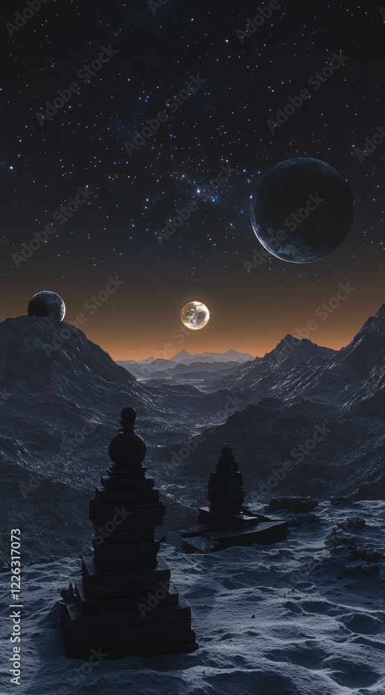 Poster alien landscape at night with three planets and two mysterious structures.