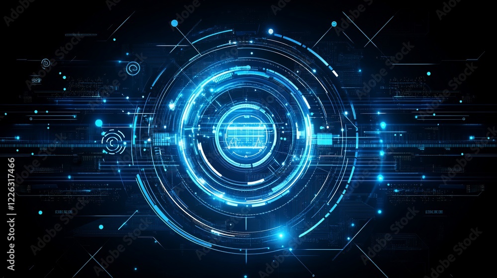 Poster abstract technology background with blue circles and lines on black background