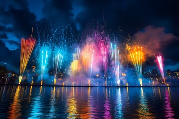 Colorful Fireworks Display Over Water At Night